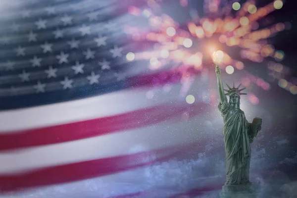 Statue Liberty Usa Flag Firework Copy Space Use 4Th July — Stock Photo, Image