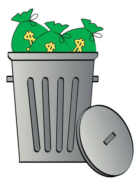 Bags of money thrown in a garbage can — Stock Vector