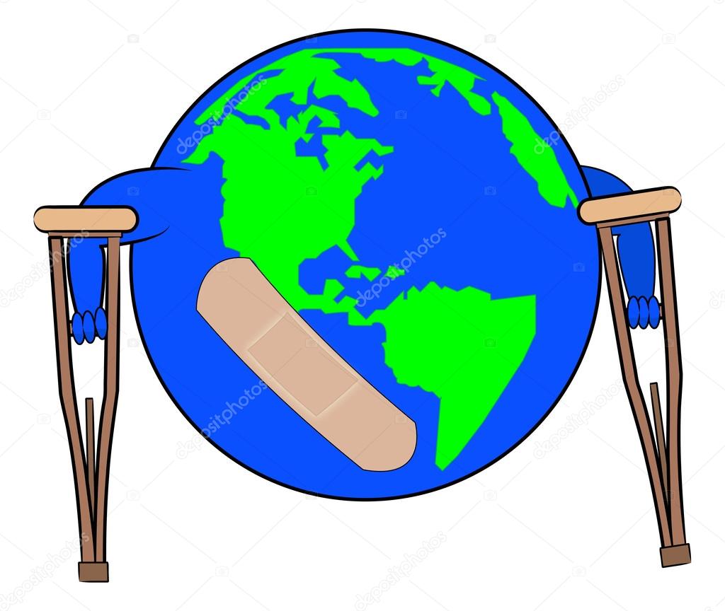 Earth with bandaid on crutches