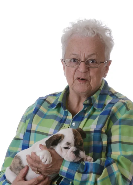 Üst düzey kadın ve köpek yavrusu — Stok fotoğraf