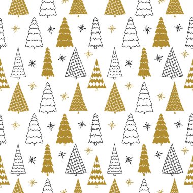 Çam ağacı desenli farklı Noel ağaçları. Komik el çizimi karalama, pürüzsüz desen. Poster ya da tişört tekstil grafik tasarımı. / Duvar kağıdı, ambalaj kağıdı, arkaplan.