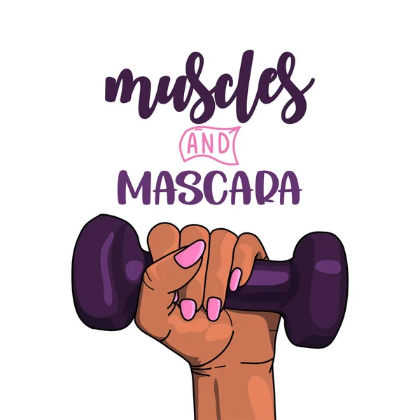 Spieren Mascara Hand Getekend Mooie Jonge Vrouw Hand Met Barbell — Stockvector