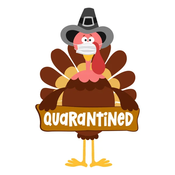 Quarantined 2020 Affiche Thanksgiving Day Avec Masque Mignon Pour Dinde — Image vectorielle