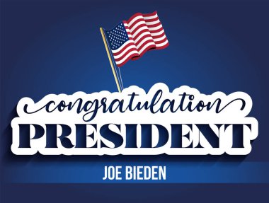 Tebrikler Başkan Joe Biden - vektör illüstrasyonu. Vektör çizimi. ABD Seçim Kampanyası Başkanlığı metni. Birleşik Devletler 'in oylama rozeti.