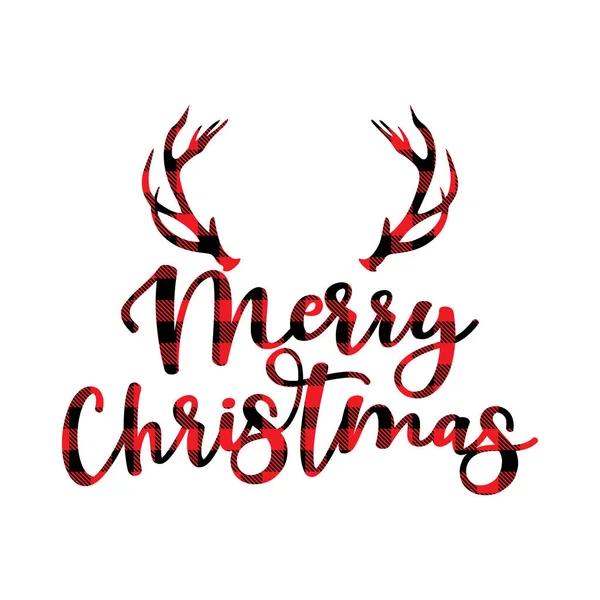 メリークリスマス 赤と黒のタータンとテキストは スコットランドの水牛のパターンを果たした グリーティングカードテキストクリスマスや他の贈り物のための書道フレーズ クリスマスの挨拶カード招待状 休日の引用 — ストックベクタ