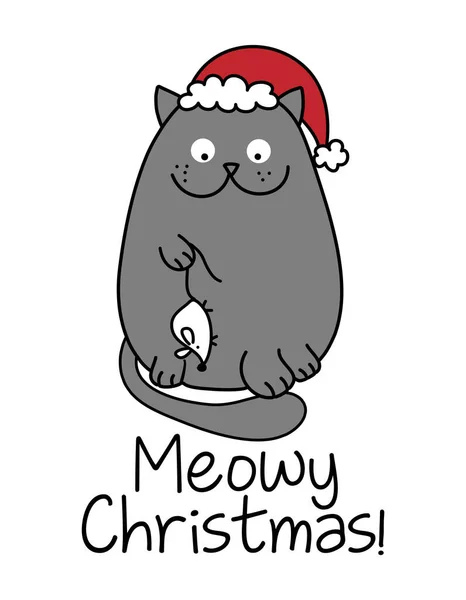 Meowy Christmas Nette Graue Katze Mit Weißem Mausgeschenk Und Weihnachtsmütze — Stockvektor