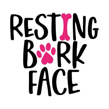 Dinlenen ağaç kabuğu yüz - köpek ayak izi olan kelimeler. Köpek pençesi, kalp ve kemik ile komik bir hayvan vektörü. Defterler, posterler, tekstil, hediyeler, tişörtler için iyidir..