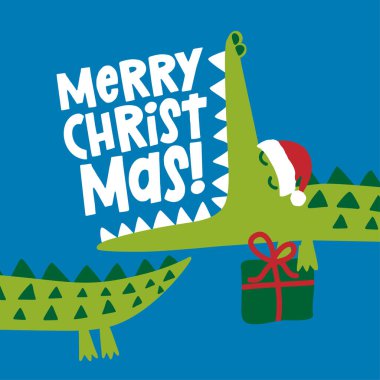 Mutlu Noeller - şirin timsah desenli ve hediye - komik el çizimi karalama, çizgi film timsahı. Xmas Posteri ya da tekstil grafik tasarımı için iyidir. Vektör el çizimi resimleme.