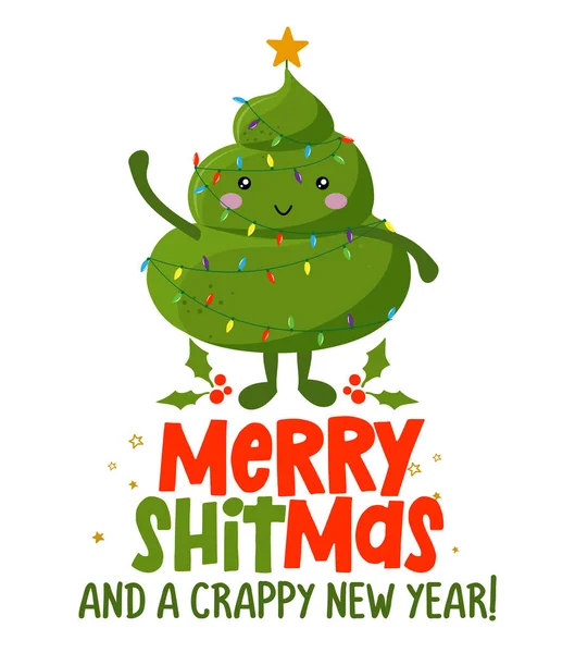 Merry Shitmas Crappy New Year Cute Smiling Happy Poop Holly — Vector de stock