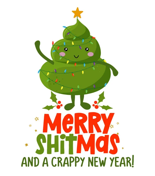 Merry ShitMas and Crappy New Year - Cute smiling happy poop in holly christmas hat with funny quote. Vector flat cartoon character in kawaii style. Xmas poop, shit character. For t-shirt, mug, gift. — Stock Illustration Merry Shitmas Crappy New Year Cute Smiling Happy Poop Holly Stock Vector