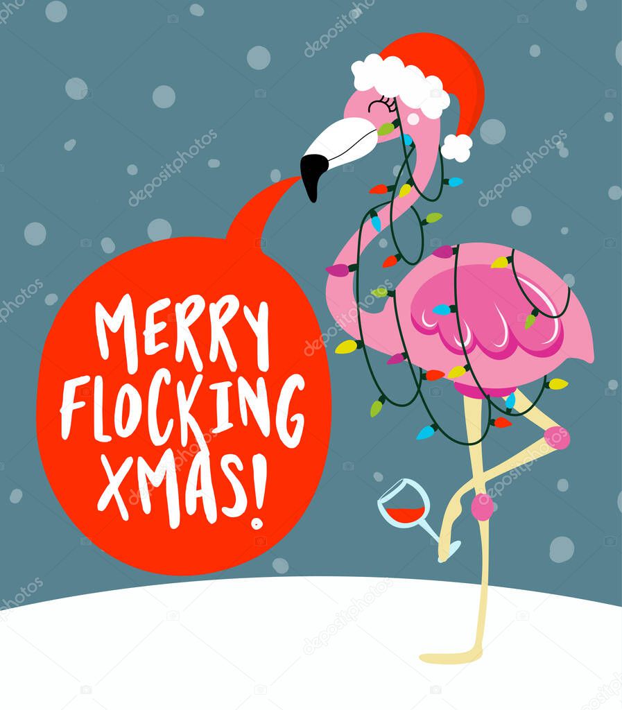 Merry flocking Xmas - Calligraphy phrase for Christmas with cute flamingo girl in Santa Hat. Hand drawn lettering for Xmas greetings cards, invitations. Good for t-shirt, mug, scrap booking, gift.