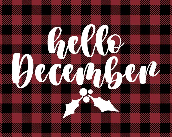 Hello December Text Red Black Tartan Plaid Lumberjack Seamless Pattern — Stock Vector