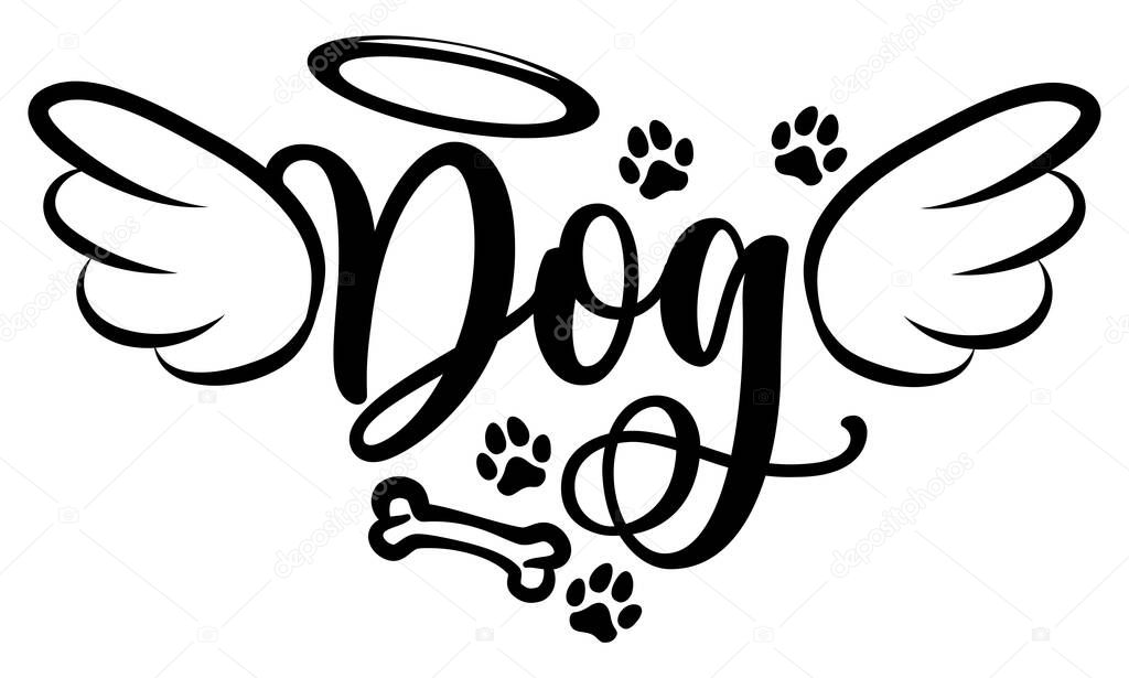 Dog angel with wings, gloria, bone and footprints, paws. - Hand drawn positive tattoo. Modern brush design. Memory ink. Love your dog. Inspirational vector graphic.