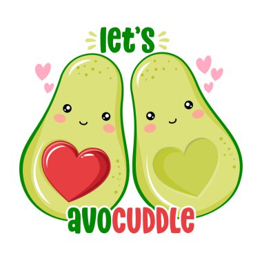 Avo Kucaklaşalım. Avokado çizilmiş güzel bir çift resmi, kawaii tarzı. Sevgililer Günü renk posteri. Posterler, tebrik kartları, afişler, tekstil, hediyeler, gömlekler, kupalar için iyidir.. 