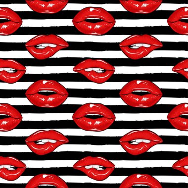 Seksi kırmızı dudakları olan güzel bir kadınla kusursuz bir desen. Poster, kart, tekstil, duvar kâğıdı ve sevgililer günü için özgeçmiş için renkli baskılar. Siyah ve beyaz çizgiler.