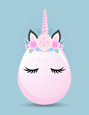 Mutlu Paskalyalar - şirin Paskalya yumurtası tasarımı, tek boynuzlu at kostümü, paskalya yumurtası kawaii çizgi filmi. Mutlu Paskalya kıyafetleri, poster ya da tekstil grafik tasarımı için iyidir. Vektör el çizimi resimleme.