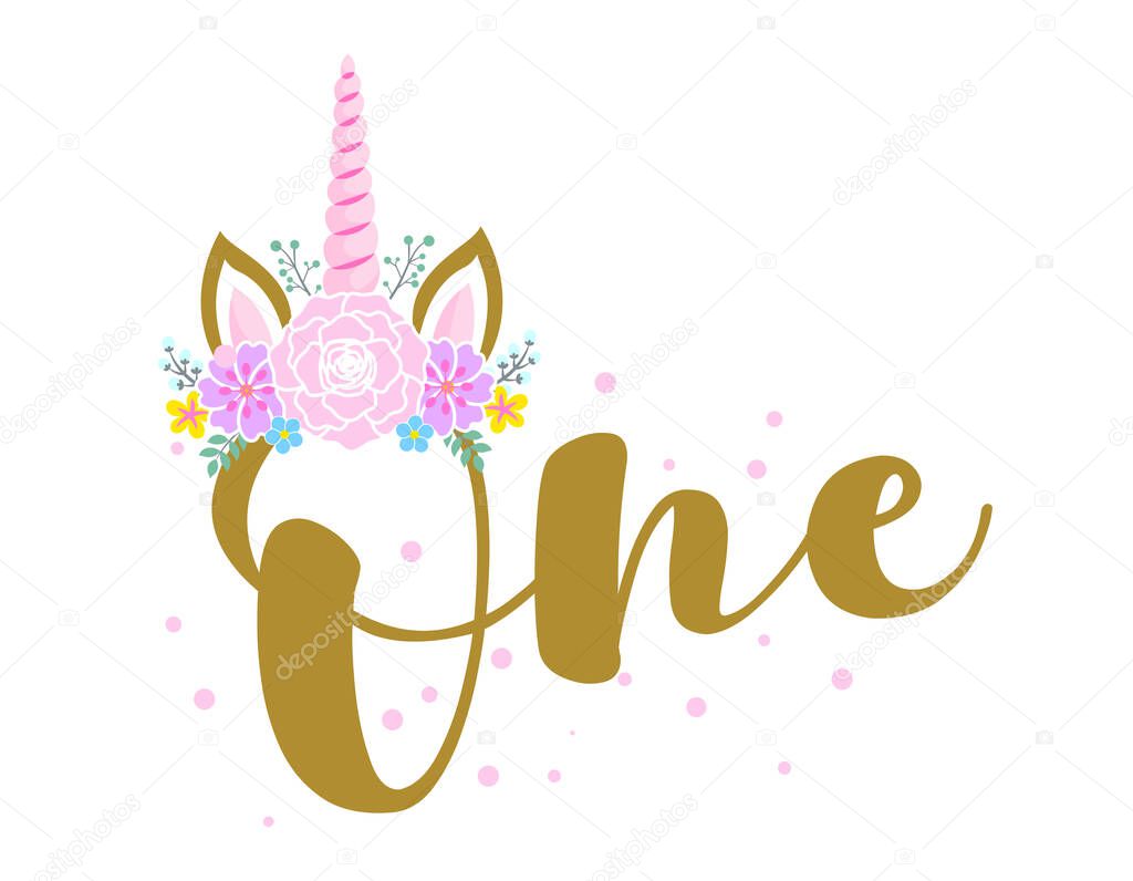 One (1.) Birthday Baby girl first year anniversary. Princess Queen. Toppers for birthday cake. Number 1. Good for cake toppers, T shirts, clothes, mugs, posters, textiles, gifts, baby sets. Unicorn.