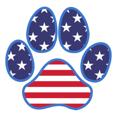 ABD bayrağı köpek pençesi şeklinde, Amerika Bağımsızlık Günü yazılı. Tişörtler için iyi, 4 Temmuz kutlu olsun. Bağımsızlık Günü ABD tatili. Amerika Birleşik Devletleri 'ni seviyorum. Amerikan bayrağı köpek sembolü. Kırmızı beyaz ve mavi.