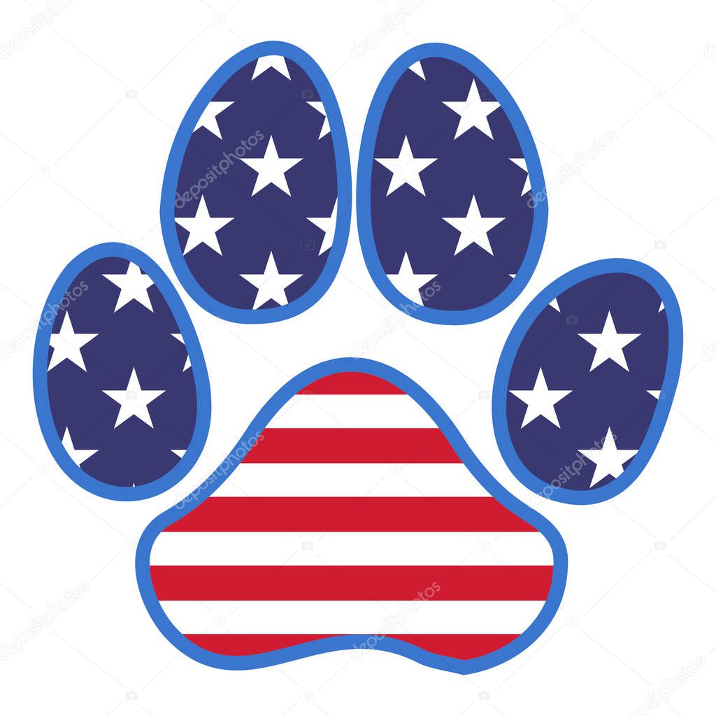 USA flag in dog paw shape - Independence Day USA with text. Good for T-shirts, Happy july 4th. Independence Day USA holiday. Love United States of America. Usa flag dog symbol. Red white and blue.