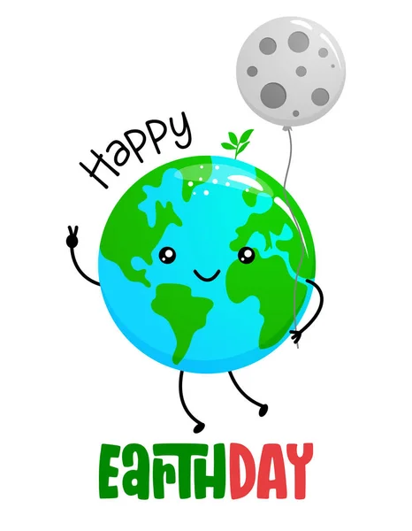 Happy Earth Day Planet Earth Kawaii Menggambar Dengan Balon Bulan - Stok Vektor