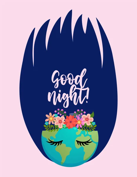Gute Nacht Text Mit Planet Erde Und Schöne Schlafende Mutter — Stockvektor