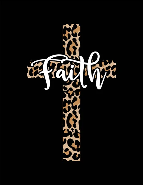 Faith Word Leopard Print Cross Handdrawn Vector Calligraphy Image Cross — Stock Vector