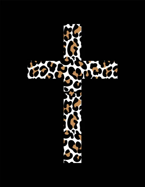 Leopard Print Cross Намальоване Векторне Каліграфічне Зображення Формі Хреста Християнський — стоковий вектор