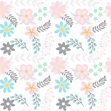 Tatlı pastel çiçek desenli arka plan - komik vektör çiçekli çizim deseni. Eskiz posteri ya da tişört tekstil grafik tasarımı. Hoş bir illüstrasyon. Duvar kağıdı, ambalaj kağıdı. 