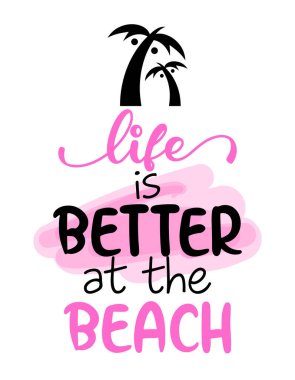 Plajda hayat daha güzel. Yaz hakkında ilham verici bir söz. Palmiye ağaçlarıyla ilgili komik bir tipografi. Baskı ve poster için basit vektör harfleri. Kız tasarımı.