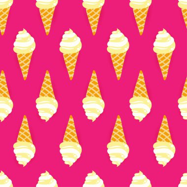 Tatlı vanilyalı dondurma şablonu ve yaz hissi. Komik vektör kusursuz desen çiziyor. Giysiler ya da tekstil grafik tasarımı. Hoş bir illüstrasyon. Duvar kağıdı, ambalaj kağıdı
