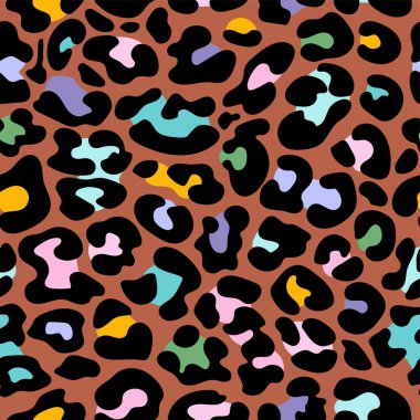 Leopar desenli tasarım - komik çizim kusursuz desen. Hayvan izi. Modern renkli moda tasarımı. Mutlu renkler.
