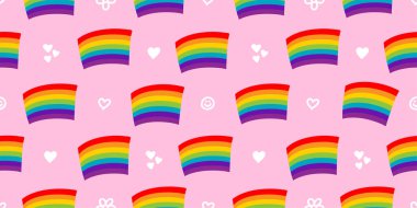 Bayraklar ve kalplerle gökkuşağı deseni. LGBT Bayrak Dalgası. Mutlu Gurur Ayı Vektör İllüzyonu. Komik çizim şekli. Poster ya da tişört tekstil grafik tasarımı. Duvar kağıdı, ambalaj kağıdı.