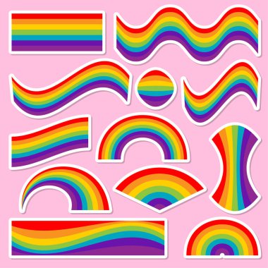 Gökkuşağı çıkartması seti - Eşcinsel ayrımcılığa karşı LGBT gurur sloganı. Gökkuşağı renkli karakterli modern hat sanatı. Defterler, posterler, tekstil, hediyeler, gurur setleri için iyidir..