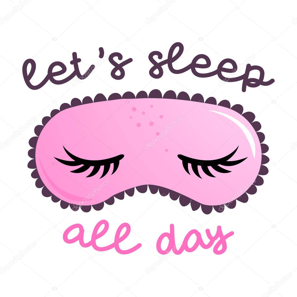 Let's sleep all day - funny hand drawn doodle, seamless pattern. sleeping mask, stars, hearts. Cartoon background, texture for bedsheets, pajamas.