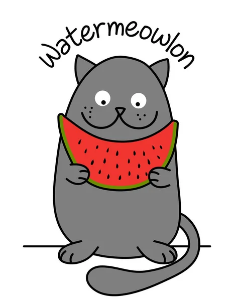 Watermeuil Watermeloen Tekst Met Schattige Kat Met Watermeloen Grappig Citaat — Stockvector