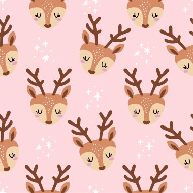 Geyik başı desenli güzel renkler. Komik el çizimi karalama, pürüzsüz desen. Tasarımcı posteri ya da tişört tekstil grafik tasarımı. Duvar kağıdı, ambalaj kağıdı, arkaplan.