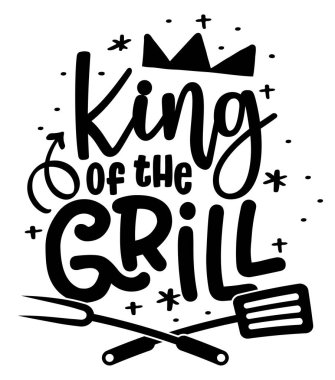 King of the Grill etiketi. Etiketler, logolar, rozetler, çıkartmalar ve simgeler için barbekü öğeleri. Vektör çizimi, sağlıklı gıda paketleme tasarımı. Mutfak, bar ve restoran için iyi bir şirket..