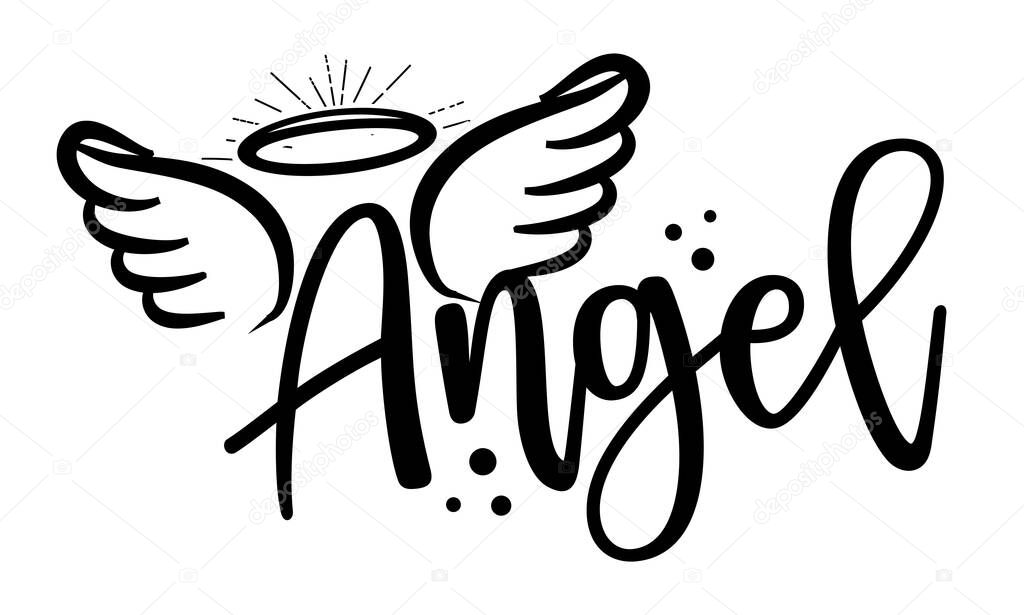 Angel - Hand drawn beautiful memory phrase. Modern brush calligraphy. Rest in peace, rip memory. Love your children. Inspirational poster with angel wings, gloria, tattoo design.