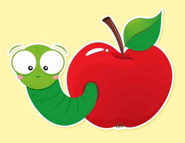 Милый Зеленый Червяк Красном Яблоке Обратно Школьному Образу Умная Гусеница — стоковый вектор