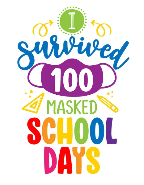 Survived 100 Masked School Days Online School Learning Poster Text — Stock Vector