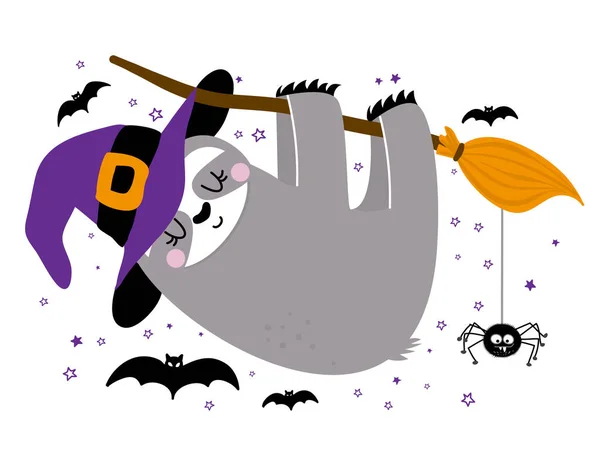 Feliz Halloween Preguiça Engraçada Pendurada Vassoura Desenho Preguiça Doodle Para — Vetor de Stock