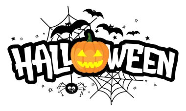 Cadılar Bayramı 'nız kutlu olsun. Beyaz arka planda asılı şirin bir örümcek ve balkabağı olan cadılar bayramı alıntısı. Tişört, kupa, afiş, hediye, matbaa için iyi. Tatil alıntısı, satış promosyonu..