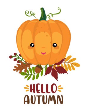 Merhaba Autumn - El çizimi vektör çizimi. Sonbahar renkleri tatlı balkabağıyla karşılanıyor. Satılık pazarlama posteri, tebrik kartı, afiş, tekstil, hediye, gömlek, kupa veya ev dekorasyonu için iyi.