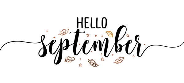 Hola Septiembre Inspiración Feliz Caída Otoño Hermosa Cita Manuscrita Etiqueta — Vector de stock