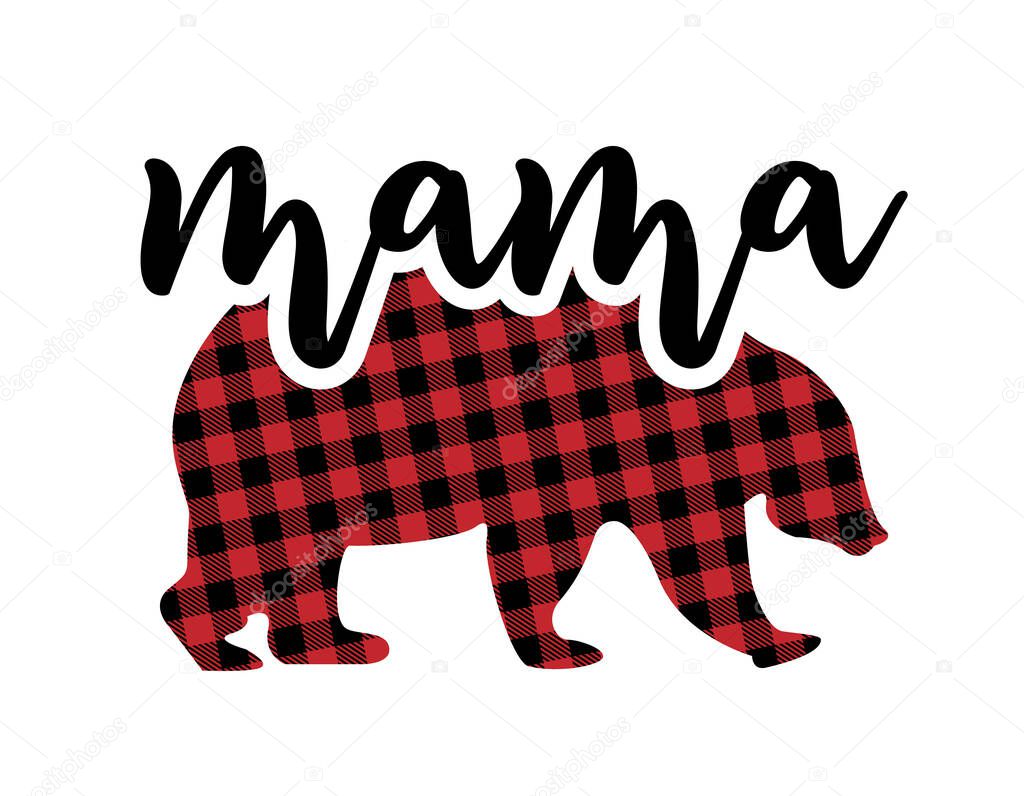 Mama Bear - Handmade calligraphy quote with buffalo pattern bear. Good for birthday gift, poster, textile, gift. Bear Family label with simple hand drawn bear silhouette.