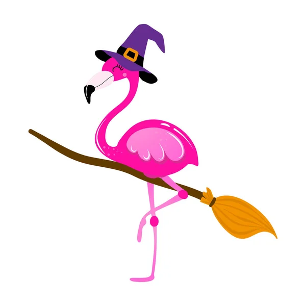 Feliz Halloween Com Bruxa Flamingo Com Vassoura Etiqueta Vetorial Engraçado — Vetor de Stock