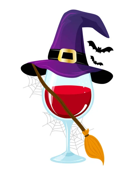One Glass Wine Witch Costume Red Wine Witch Hat Broomstick — Stock Vector