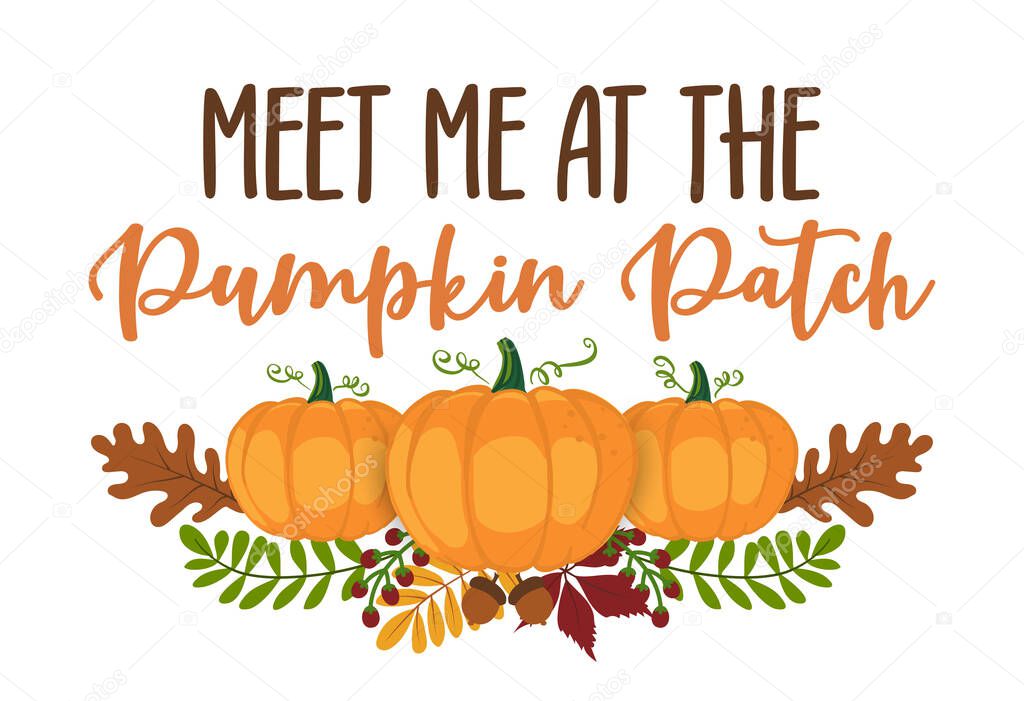 Meet me at the Pumpkin Patch - Happy Harvest fall festival design for markets, restaurants, flyers, cards, invitations, stickers. Cute hand drawn farm fresh pumpkins. Welcome to our Farmhouse.