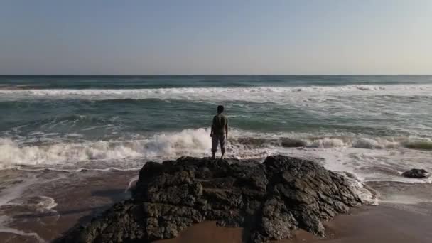 Παρατηρώντας κύματα του ωκεανού στο βράχο εναέρια άποψη — Αρχείο Βίντεο