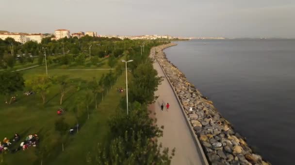 Ludzie przybrzeżny park spacerów widok z lotu ptaka — Wideo stockowe